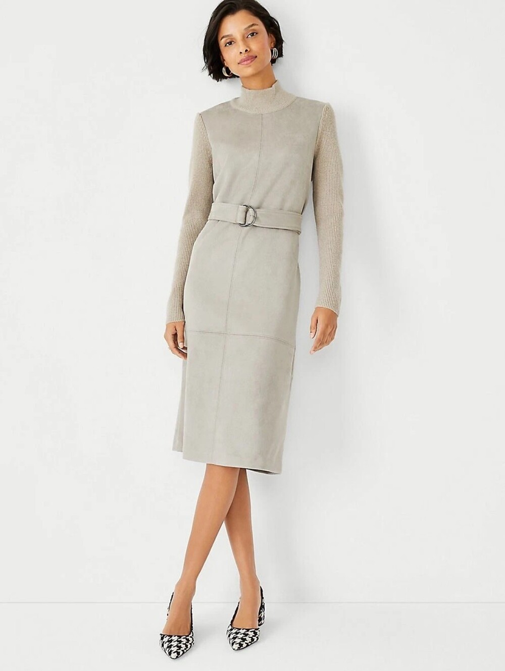 NWT Ann Taylor Mixed Faux Suede Sweater Belted Sheath Midi Dress Cliff Grey 8P